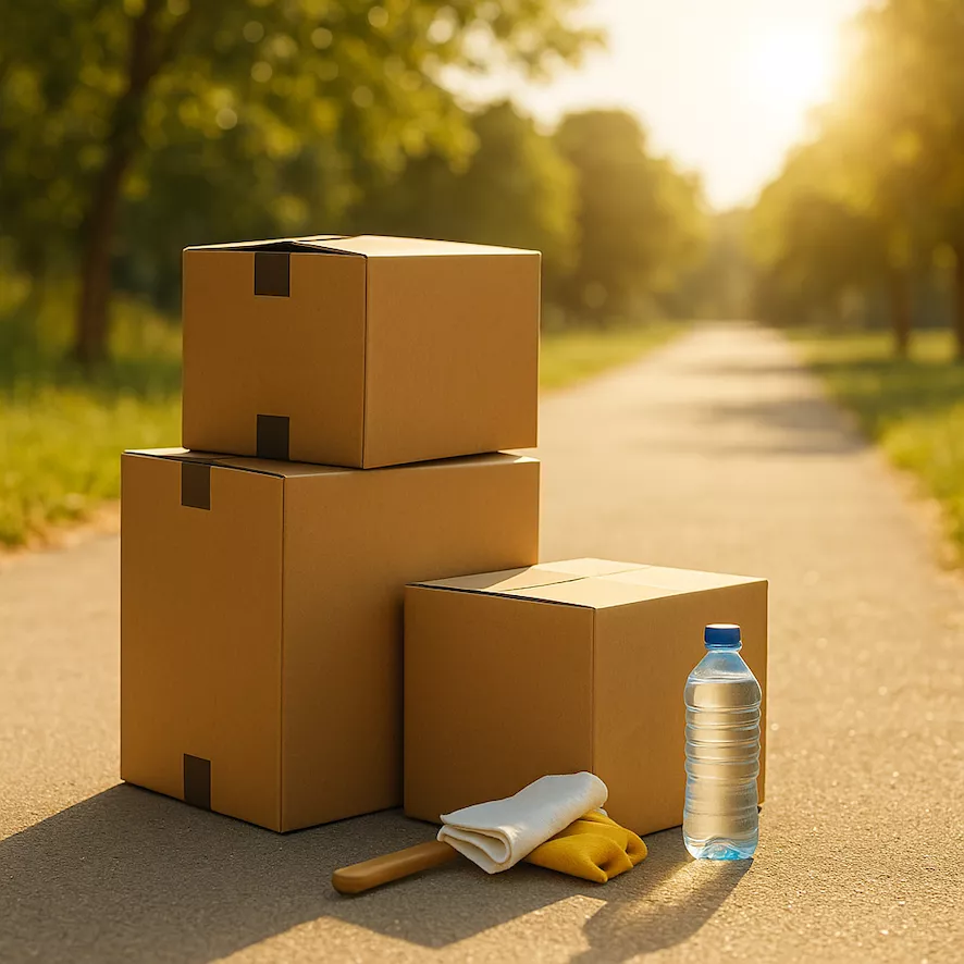 Flytta i sommarvärme – flyttlådor, sol och vattenflaska i sommarsken